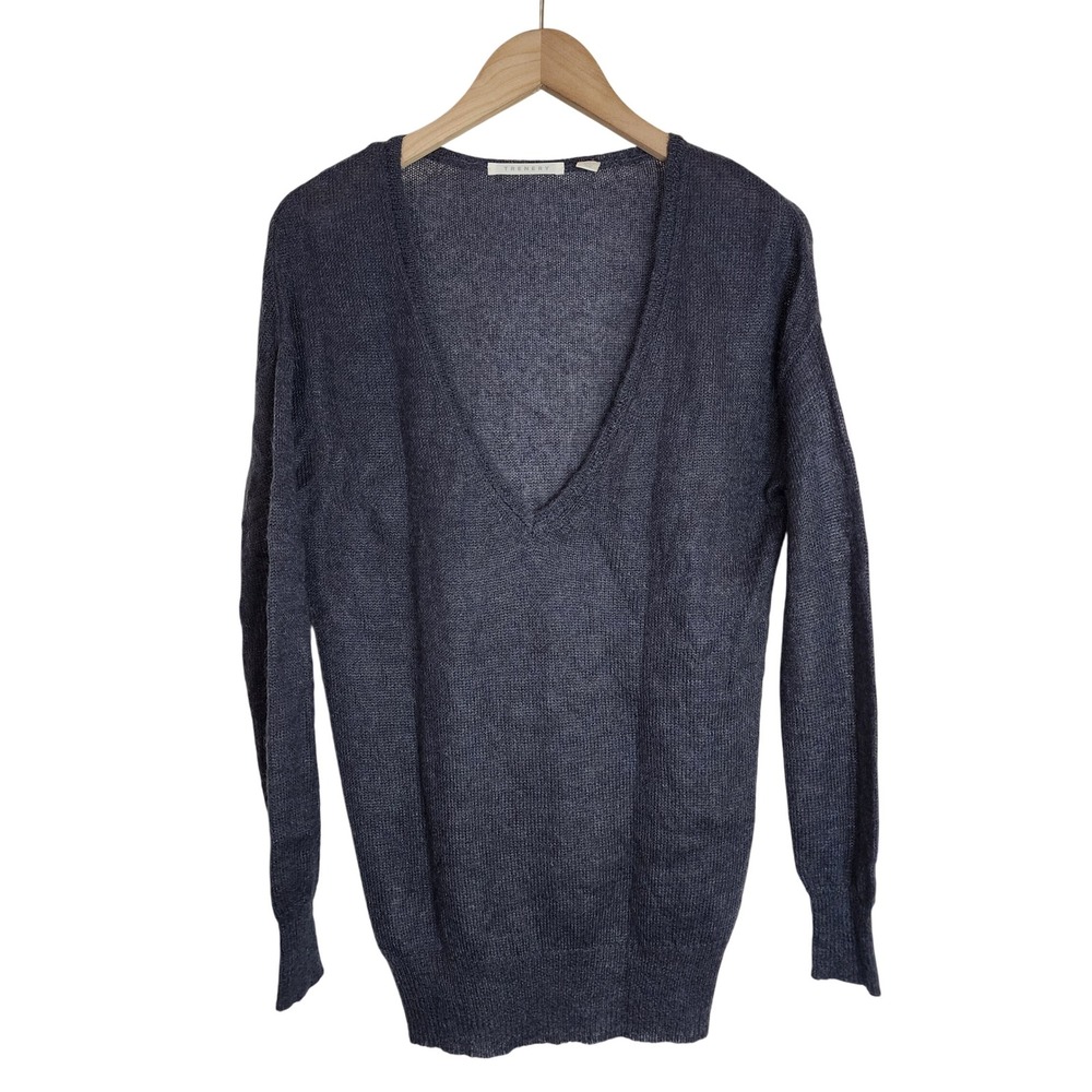 Trenery Sweater Women's Small V-Neck‎ Long Sleeve Mohair Grey Blue
